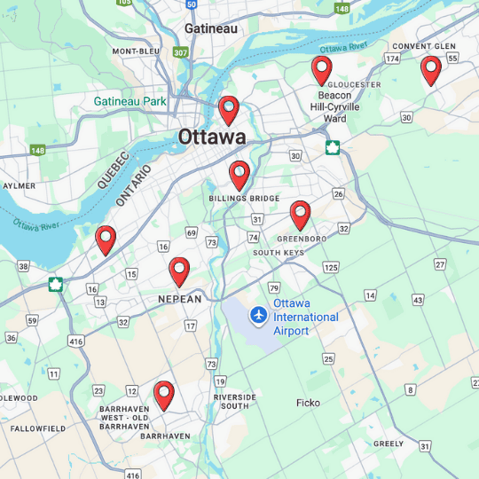 Map of the Ottawa–Gatineau region showing the service areas for Top Choice Home Inspection.